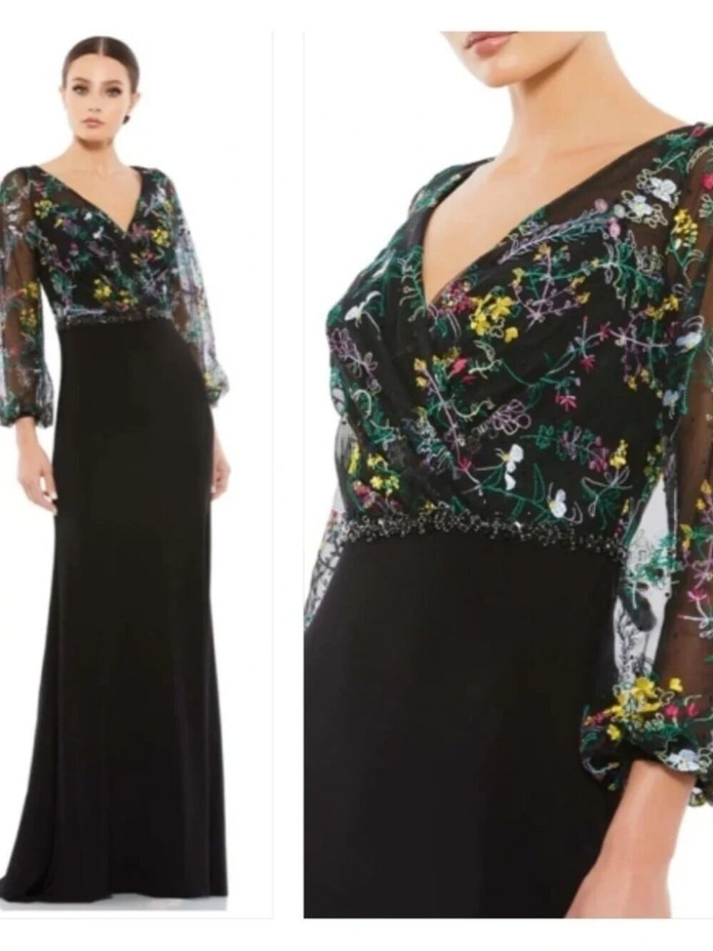 Mac Duggal Gown Embroidered Illusion Puff Sleeve Dress Maxi Black NWT Plus 14